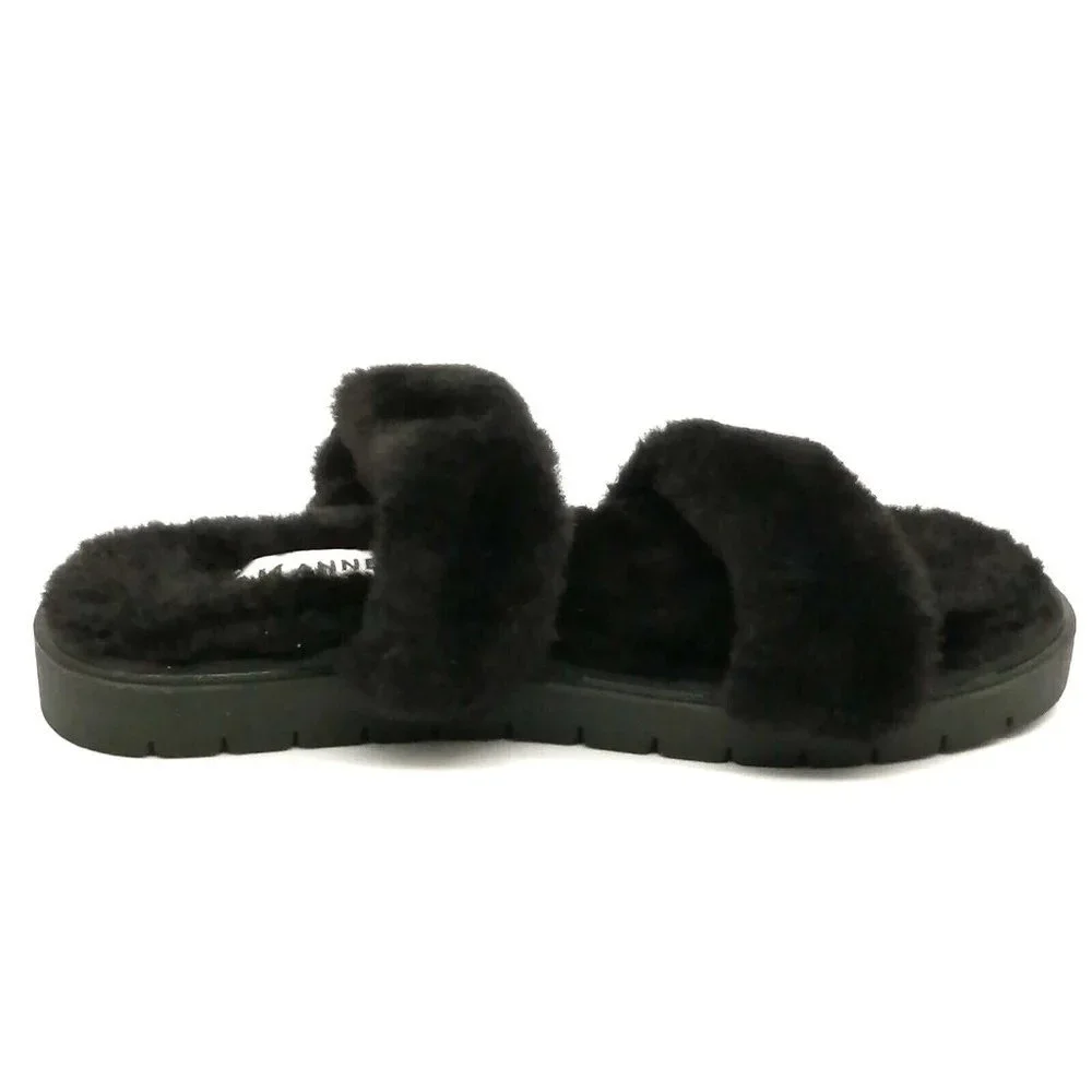 Anne‎ Klein Womens Sandals Skyler Black Faux Fur Straps Buckle Slide Flat Heel 7